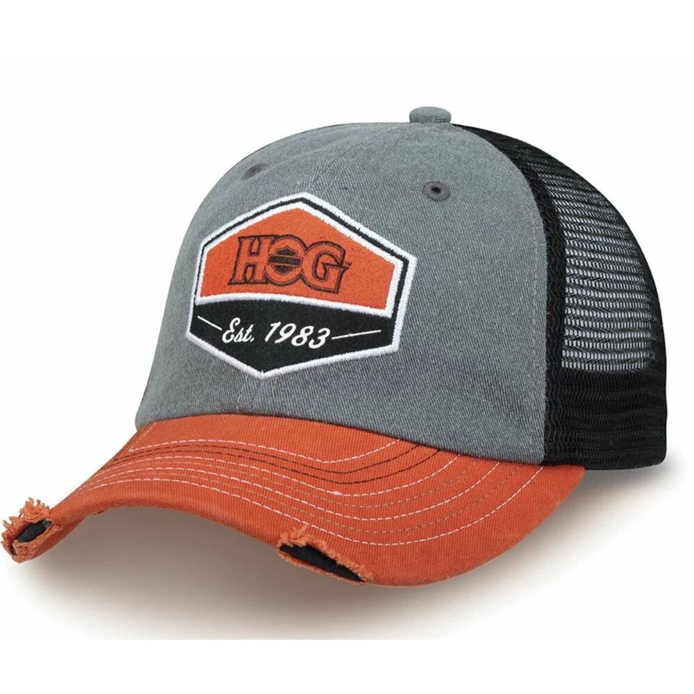 Harley Davidson‎ Owners Group HOG Trucker Cap Gray Orange Mesh Distressed Rugged